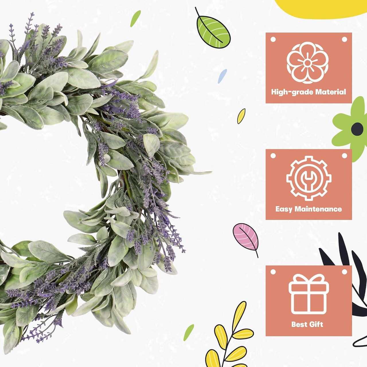 20" Spring Lavender Wreath for Front Door - Spring Door Wreath with Purple Floral Design, Lambs Ear, Wall Hanging for Farmhouse Décor, Indoor Outdoor Use, Party & Holiday